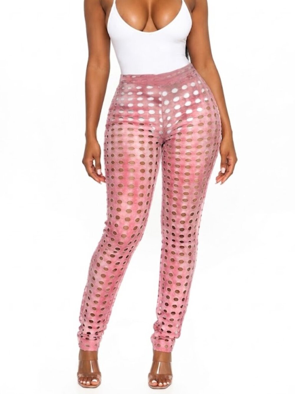 J Uptown Pink Tie Dye Laser Cut Hole Sheer Pants Distressed Y2K Festival Rave Sm